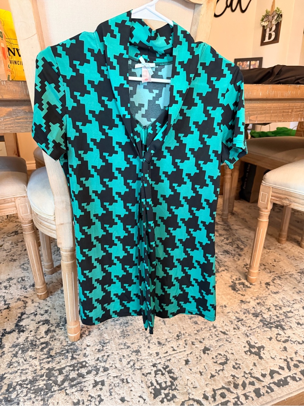 Women’s Teal and Black Houndstooth Short Sleeve Blouse with Tie Neck